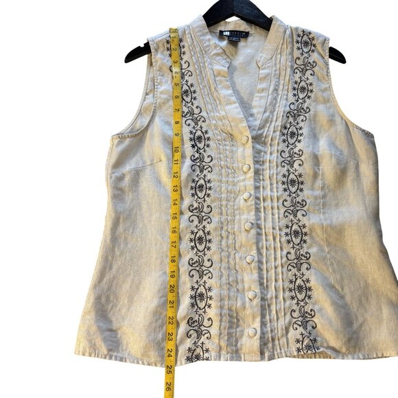 Vintage Carole Little XL Linen Sleeveless Button Front Blouse Black Embroidery - Picture 7 of 9